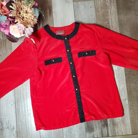 Worthington Petite Size 6 Red and Black Lightweight Button Up Blouse EUC - Picture 4 of 16